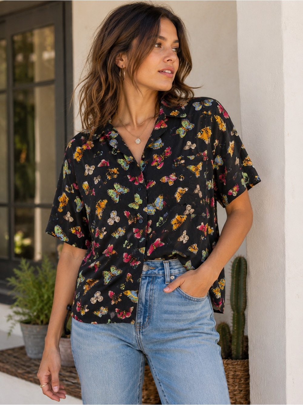 Analogy Vintage Black Colorful Butterfly Print Short Sleeve Button Down Shirt